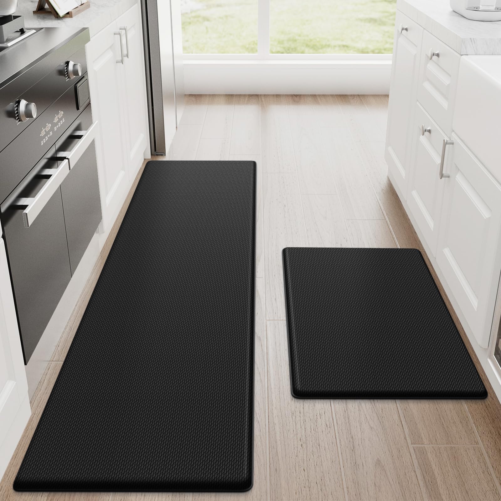 StepRite Kitchen Mats, 2PCS Kitchen Rugs, Cushioned Anti Fatigue Kitchen Mats for Floor, Non-Slip Standing Desk Mat, Waterproof Kitchen Rug Set for Kitchen, Floor, Office, 17.3"x30"+17.3"x47", Black